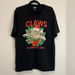 Holiday Time Christmas Santa Claws Is Coming to Town Cat Graphic Tee Mens Size L
