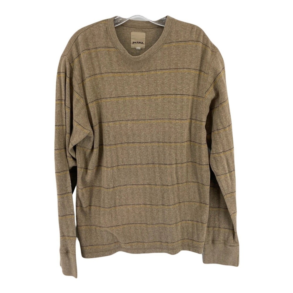 Prana Mens Brown Striped Ribbed Long Sleeve Shirt 100% Organic Cotton Size M