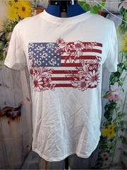 783-Mighty Fine White Tee with Red & Blue Floral Flag Graphic