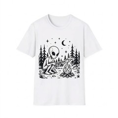 Alien Roasting Fish Cosmic Campfire Graphic White T-Shirt, Gift For Fans