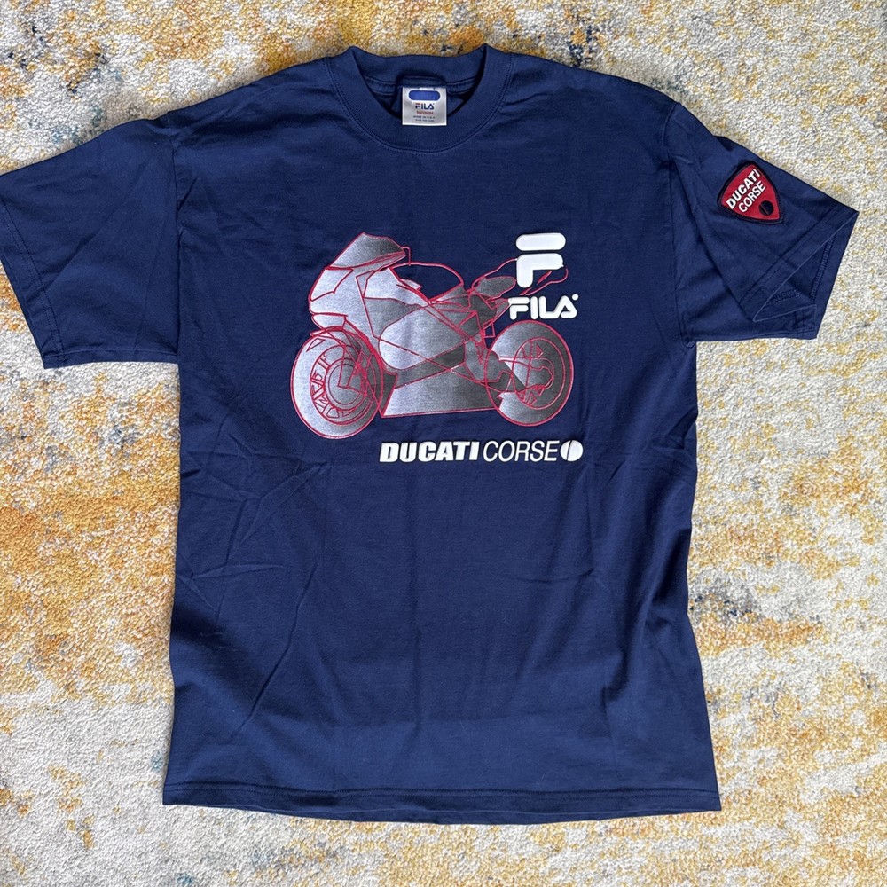 Vintage FILA Ducatti Course Puff Print Made in USA Navy T shirt Size M