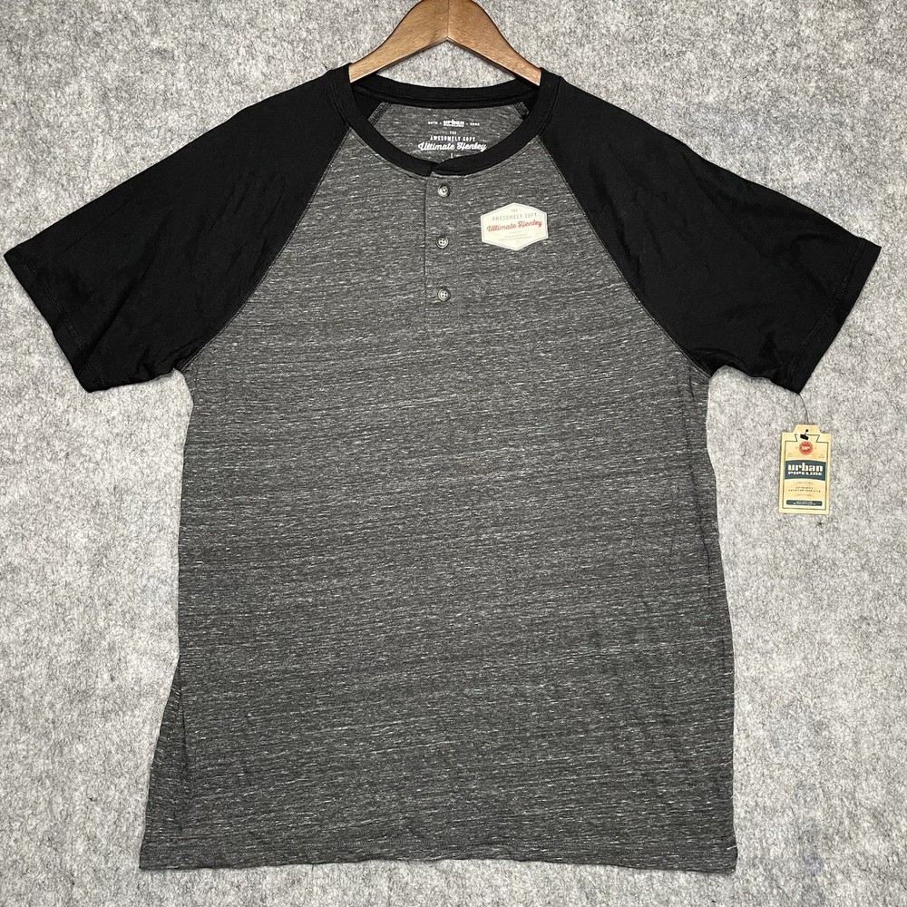Urban Pipeline NWT Ultimate Henley Short Sleeve Baseball Gray Black Mens L Soft