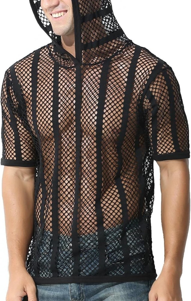 Zonbailon Men’s Sexy See Through Fishnet Hoodies Short Sleeve T-Shirt Sheer