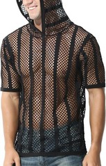 Zonbailon Men’s Sexy See Through Fishnet Hoodies Short Sleeve T-Shirt Sheer