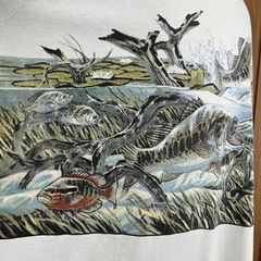 Vintage 90s Largemouth Bass Fishing All Over Print Nature Graphic White T-Shirt
