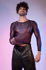 Sheer Nylon Long Sleeve Top Glossy Mesh Shirt Oil Shiny Breathable Transparent