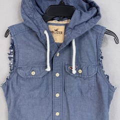Hollister Vest Adult Small Blue Chambray Hooded Button Front Raw Hem Surfer Cut