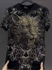 New Fashion Trend Lion Hot Diamonds Rhinestones Black Summer Luxury Men T-Shirt