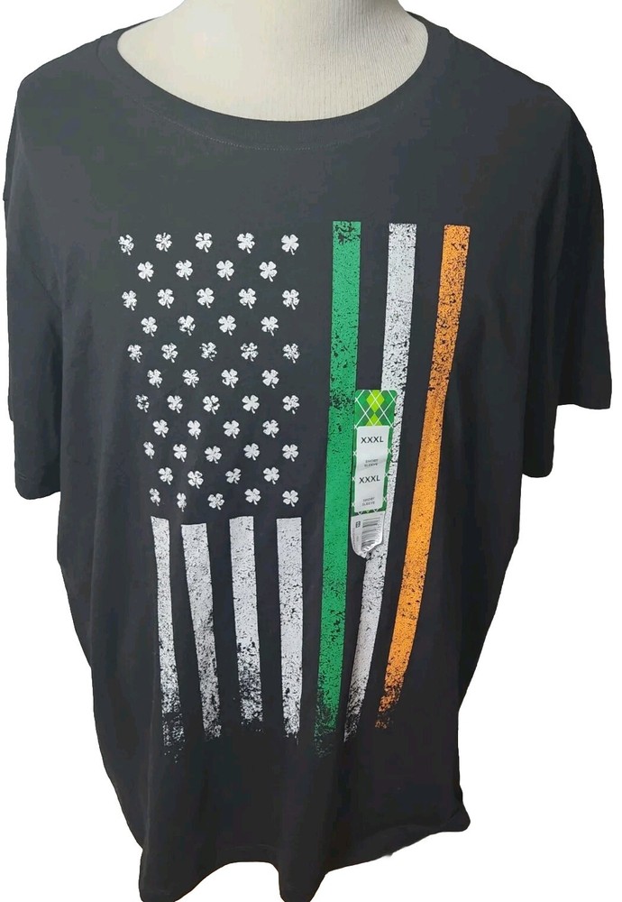 New Mens Irish St Patricks Day Flag Clovers T Shirt Size 3XL Black Green White