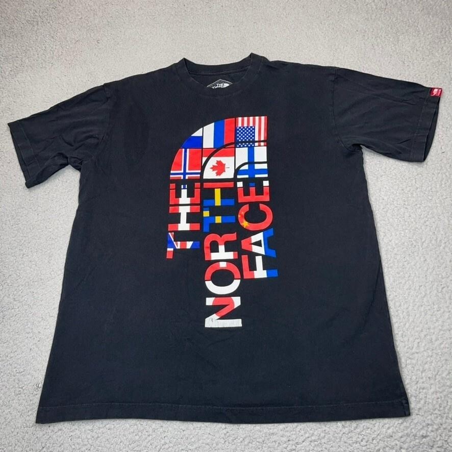 The North Face Shirt Mens Large Black Flag Graphic Logo Crewneck 100% Cotton