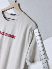 Prada Logo Mens XL Slim Fit Beige Graphic T Shirt Red Box Logo Cotton