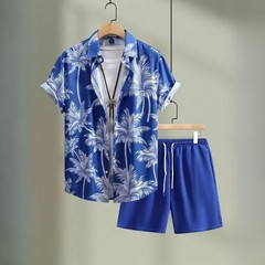 Men 2Pcs Hawaiian Shirt Shorts Set Tropical Print Beach Summer Outfit S-5XL