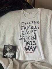 LADY GAGA F***ING FAMOUS CAUSE I WAS BORN THIS WAY WHITE TANK TEE PICS SMALL