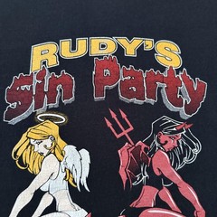 Vintage Rudy’s Sin Party Shirt Mens M Angel Devil Pinup Biker Largo FL