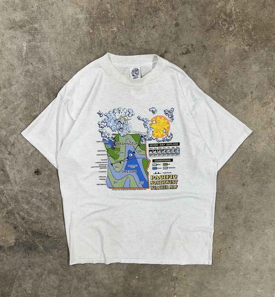 Vintage 90s Eagle Pacific Northwest Weather Map Funny Cartoon Cloud Sun T-Shirt