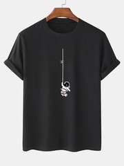 Astronaut Print Short Sleeve Crew Neck Tee, Casual Shirt for Outdoor Adventures