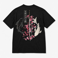 Japanese Koi Fish Samurai Sword T-Shirt Sakura Cherry Blossom Graphic Tee