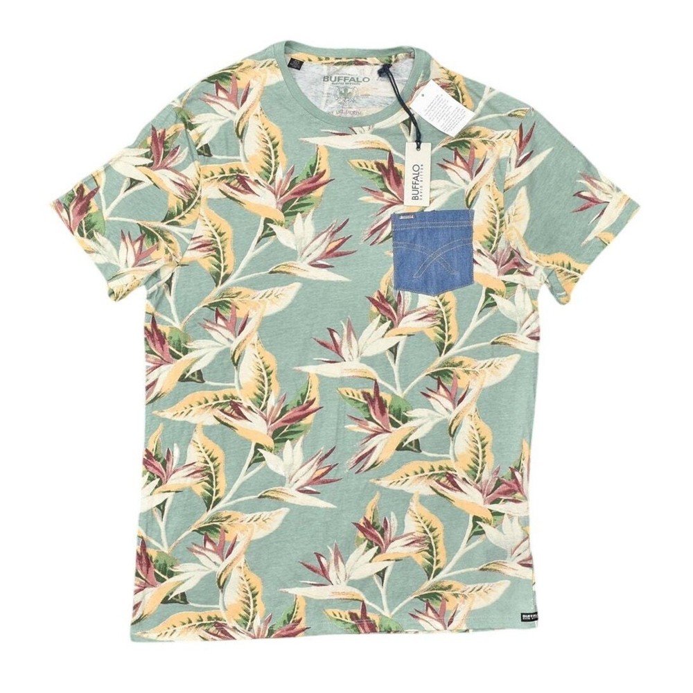 New Buffalo David Bitton Green T-Shirt Men’s Medium Cotton Floral Crew Neck