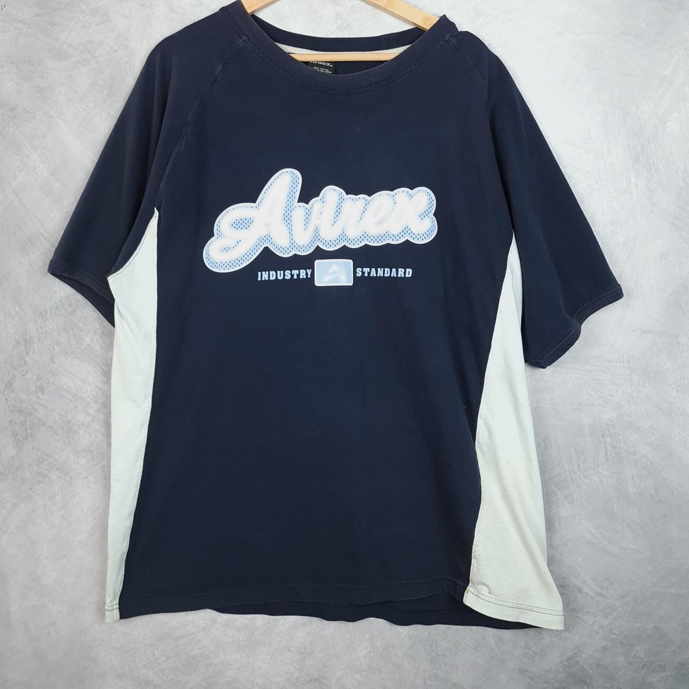 Avirex Shirt Mens XL Blue Colorblock Industry Standard Logo Graphic Tee Y2K