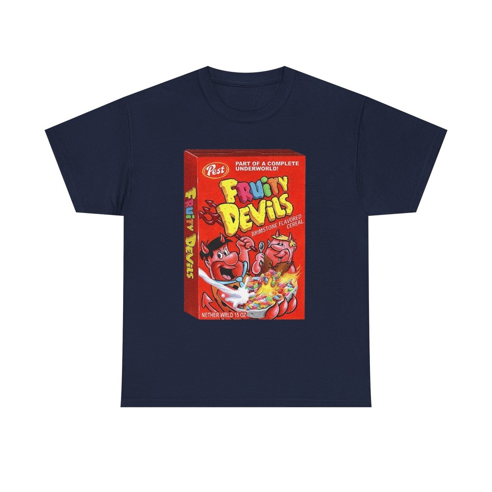 Wacky Packages Fruity Devils Cereal Printed T-Shirt Funny Fruity Pebbles Parody