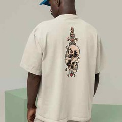 Mens Oversized T-Shirt Skull Dagger Back Print Streetwear Graphic Baggy White