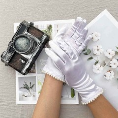 Vintage Short Satin Wedding Gloves for Bride Pearl Full Finger Wrist Length B…