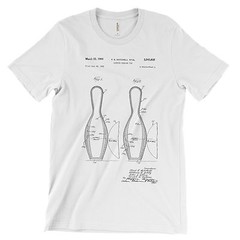 Bowling Pin Patent T-Shirt.100% Cotton Comfy Tee on Black White or Gray. NEW