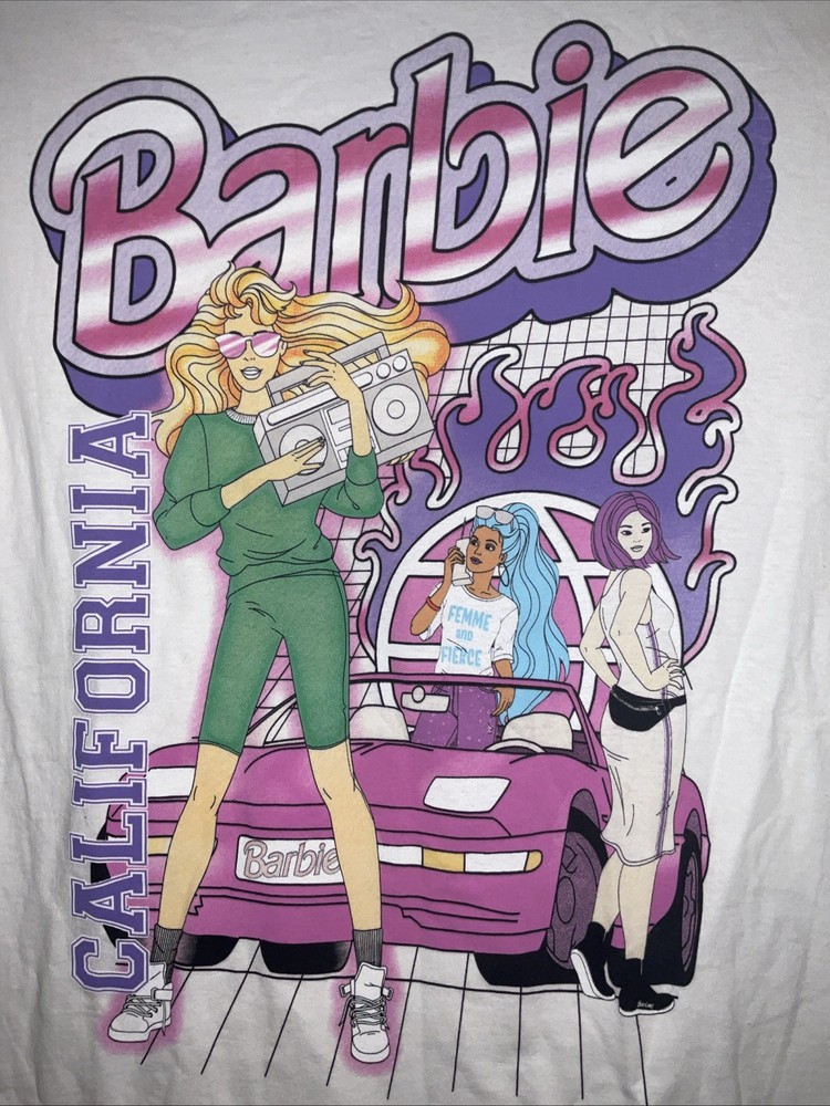 BARBIE CALIFORNIA 80’s STYLE BOOMBOX WHITE COTTON GRAPHIC T-SHIRT M NEW