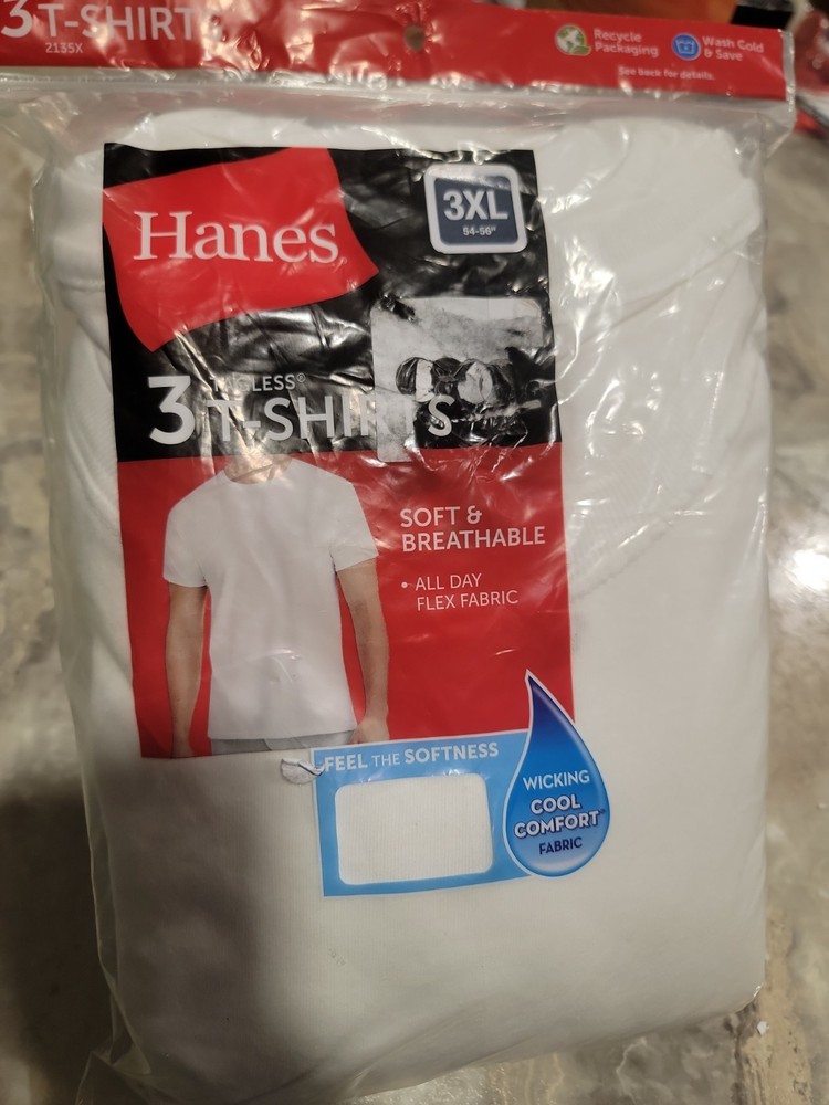 Hanes 3 Pack White Tagless T-Shirts 3XL 54-56 Crew Neck Undershirts NEW