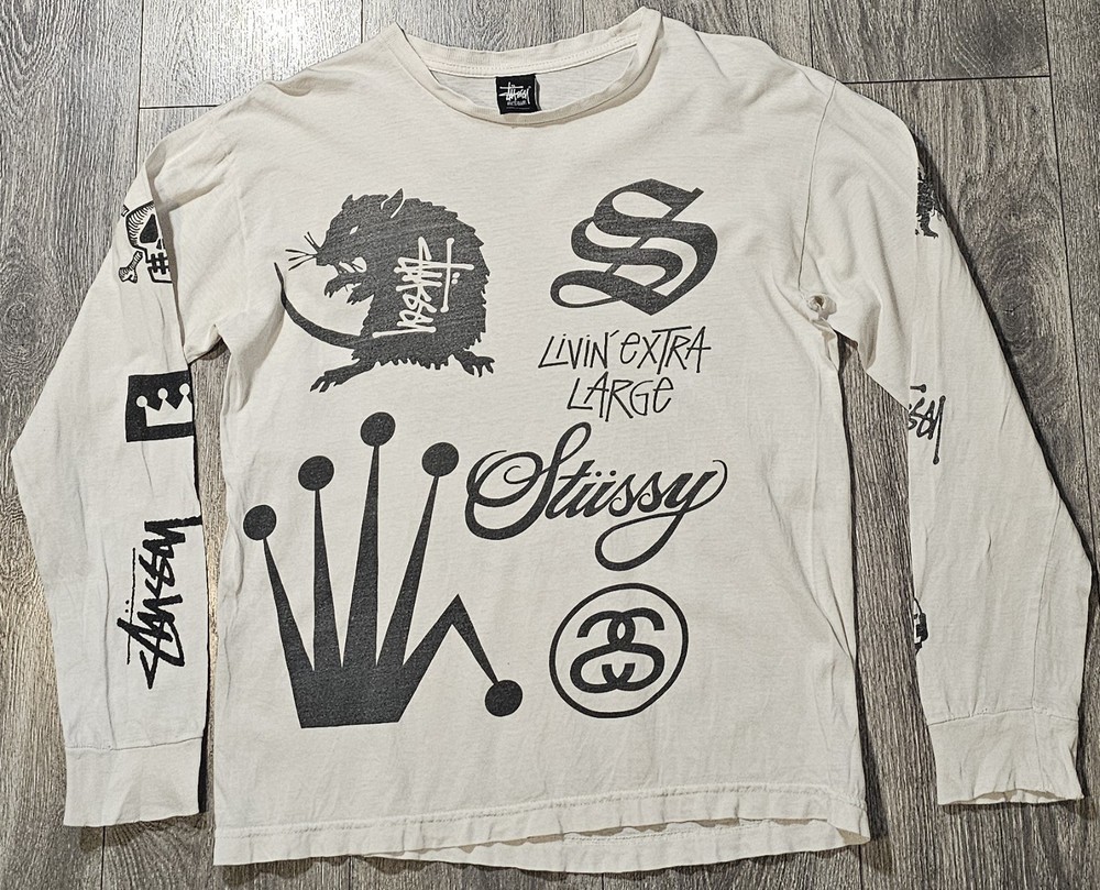 Vintage 90s Stussy Crown 8 Ball Graphic Long Sleeve T-Shirt White/Black Men’s M