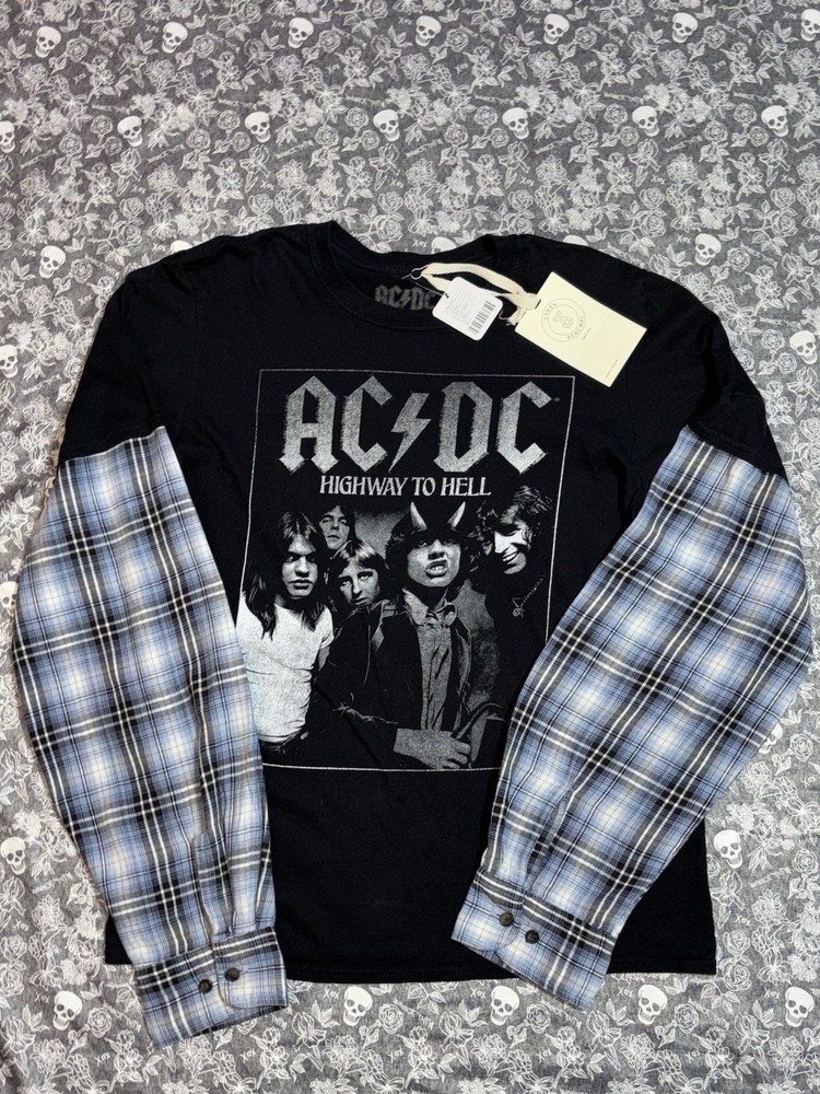 Brand New Tags AC/DC Black Long Sleeve Shirt With Blue Plaid Sleeves SizeMedium