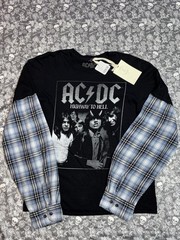Brand New Tags AC/DC Black Long Sleeve Shirt With Blue Plaid Sleeves SizeMedium