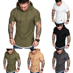 Men’s Hooded Short Sleeve Sporty T-Shirt Slim Gym Muscle Tee Hoodie Tops Blouses