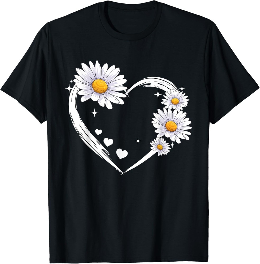 Heart With Daisy Flowers, Daisies With Heart Outline T-Shirt