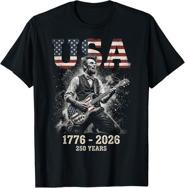 Abraham Lincoln USA 250 Years 1776-2026 Rock Guitar T-Shirt