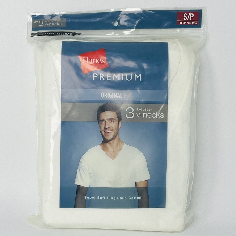 Hanes Premium V-Neck T-Shirts 3 Pack White Size Small Tagless Cotton Undershirt