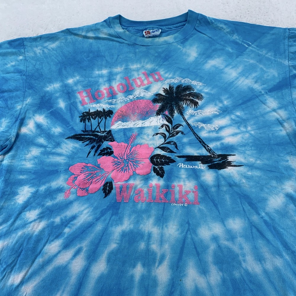 Vintage Honolulu Waikiki Hawaii Shirt Mens Large Blue Tie Dye Surf Beach 90s