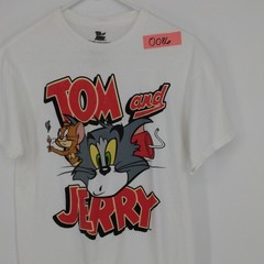 Tom and Jerry Men’s M White Graphic Print Crew Neck Short Sleeve Cotton T-Shirt