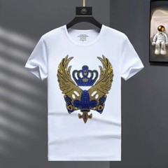 New Men Luxury Diamond Crown Rhinestones Fashion Black White T-Shirt