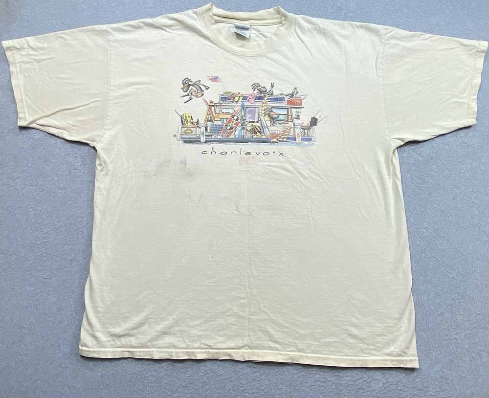 White T-Shirt Mens Sz 2XL Pre-Shrunk Graphic Boat Charlevoix Vacation Distressed