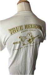 True Religion White Metallic Gold Buddha T-Shirt Medium M Cotton Round Neck S/S