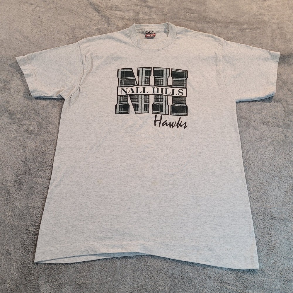 Vintage Nall Hills Hawks School T-Shirt Adult L Sports Plaid Logo Single Stitch
