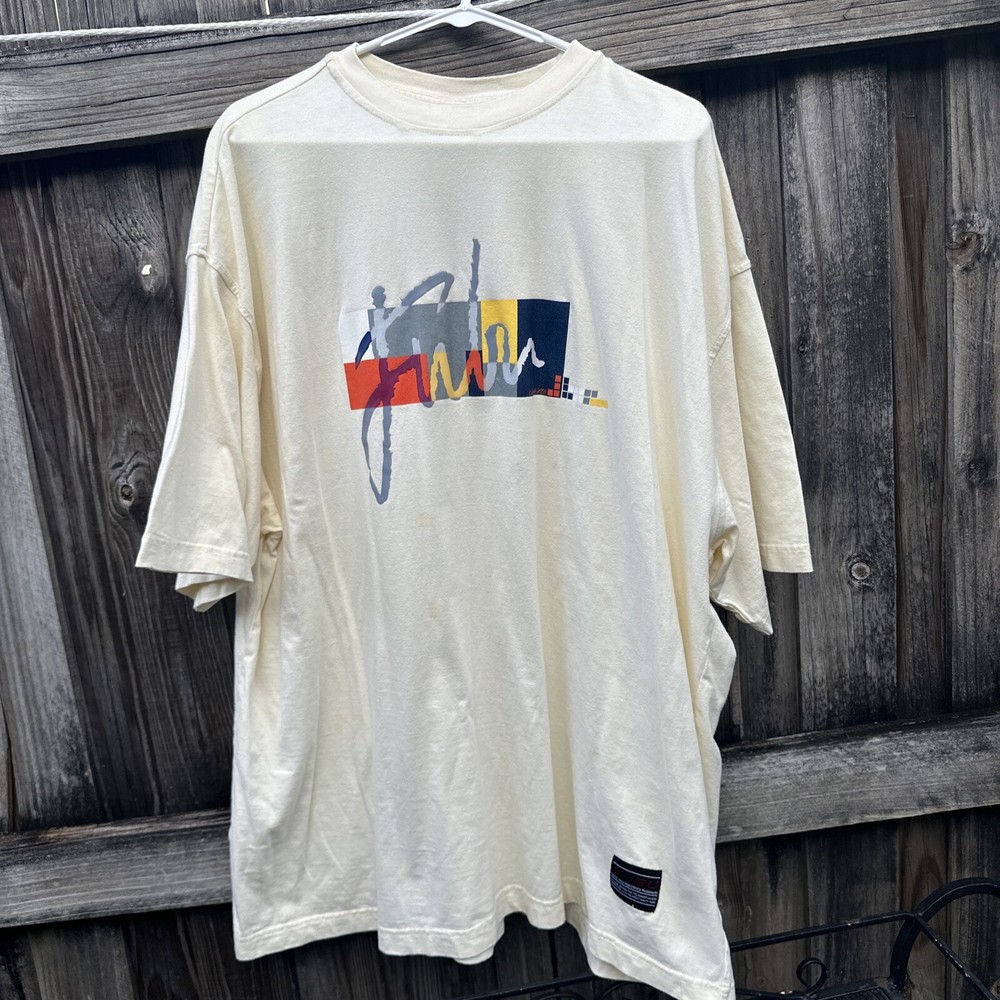 Fubu Graphic T Shirt Size XXL Tan With Graphic Orange Yellow Gray Navy