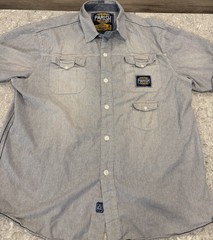 Parish Nation Mens Button Up, Outlaw Motoclub On Back Pinstripe Shirt-3XL