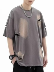 Men’s Oversized Vintage Ripped Hole T-Shirt Hip Hop Cotton Distressed Tee Shirt