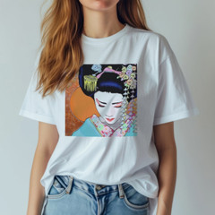 Japanese Aesthetic Art Geisha T-Shirt Cherry Blossom Oriental Gift Unisex Tee