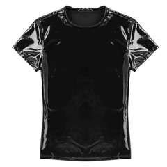 Men PU Leather Wetlook PVC Clubwear Short Sleeve Shiny T-Shirt Top Stage Costume