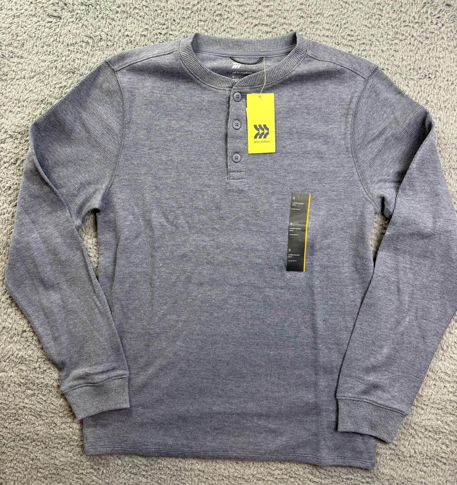All In Motion Shirt Mens Small Blue Waffle Henley Thermal Long Sleeve NWT