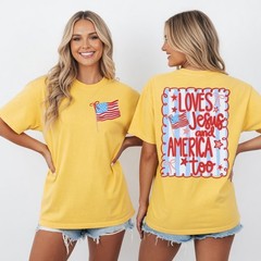 Loves Jesus and America Too Patriotic Coquette Bow 4th of July T-Shirt