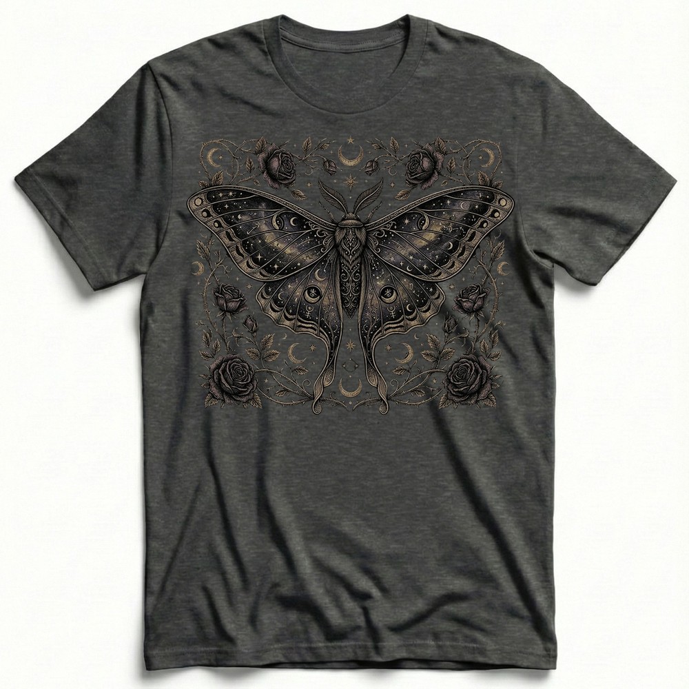 Dark Luna Moth Roses Zodiac Celestial T-Shirt Gothic Witchy Occult Night Sky Tee